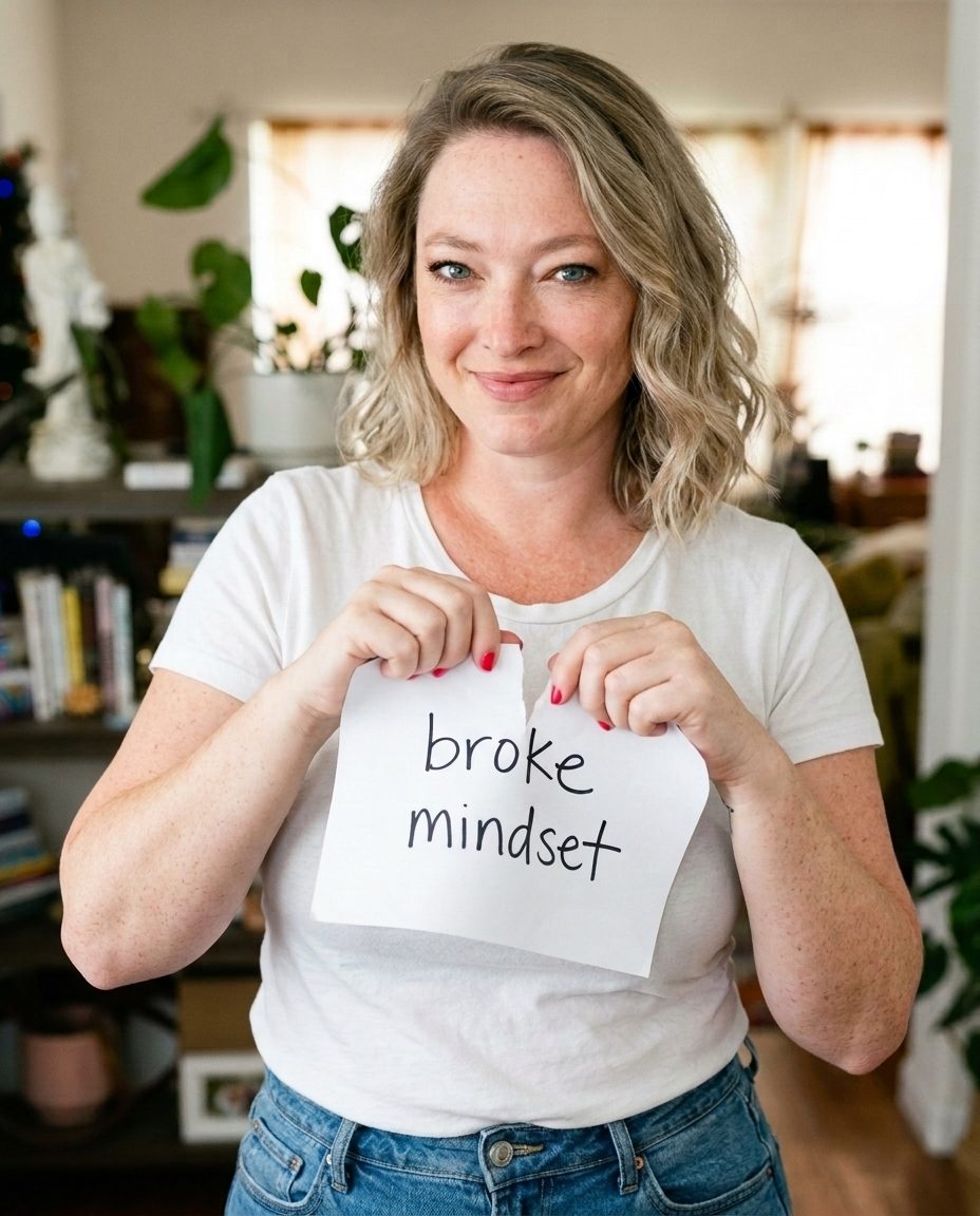Nichole tearing up a piece of paper that reads broke mindset